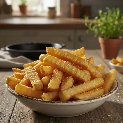 Close-up of perfectly golden and crispy air-fried French fries