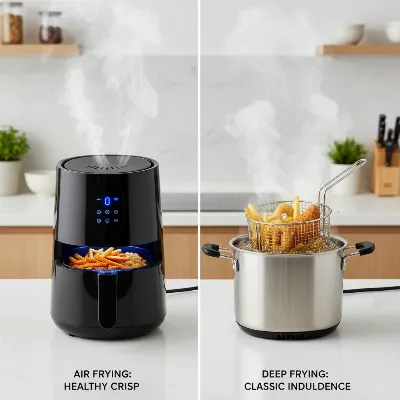 Air Fryer vs Deep Fryer comparison with steam and oil effects