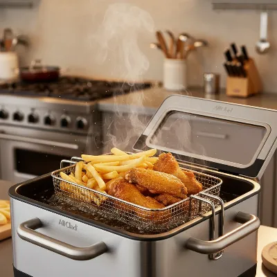 All-Clad deep fryer frying crispy food in a modern kitchen