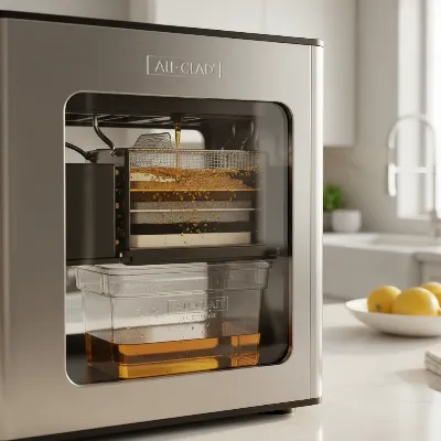 All-Clad deep fryer showcasing its patented automatic oil filtration system