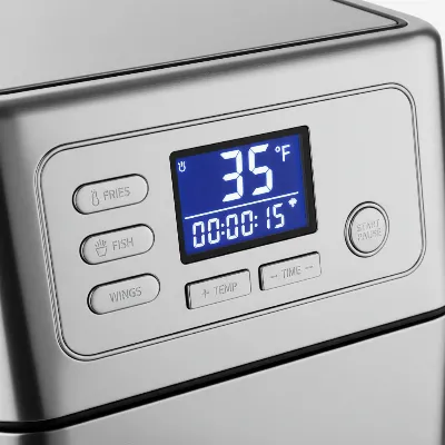 A detailed close-up of the Breville Smart Fryer's LCD screen and control panel, highlighting its digital display and preset buttons. The screen shows a temperature reading and a countdown timer for precise deep frying.