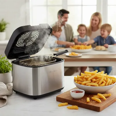 Chefman Jumbo Deep Fryer preparing crispy fries for a family meal on a kitchen counter.