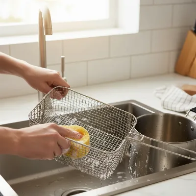 A person carefully cleaning the basket and removable oil pot of a budget deep fryer after use