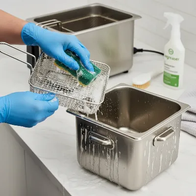 Hands carefully cleaning the removable components of a stainless steel deep fryer, emphasizing easy maintenance