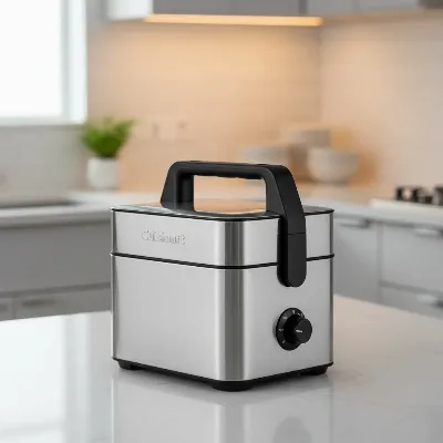 Cuisinart Compact Deep Fryer showcasing its compact size on a kitchen counter, with a stainless steel finish and a small basket ready for frying.