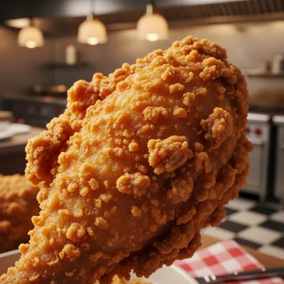 Close-up of crispy, golden-brown deep-fried battered chicken
