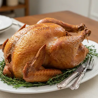 A beautifully golden-brown deep-fried turkey on a platter, ready to be carved for Thanksgiving dinner