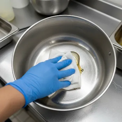 A clean deep fryer interior being wiped down by a gloved hand, emphasizing easy maintenance after use.
