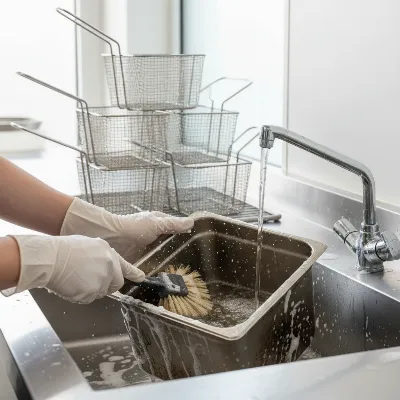 Hands demonstrating the cleaning process of a deep fryer, with a removable oil tank being washed in a sink and clean frying baskets nearby.