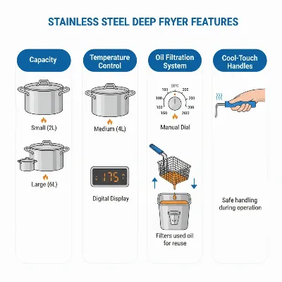 An illustration comparing key features of different stainless steel deep fryers, such as capacity and controls