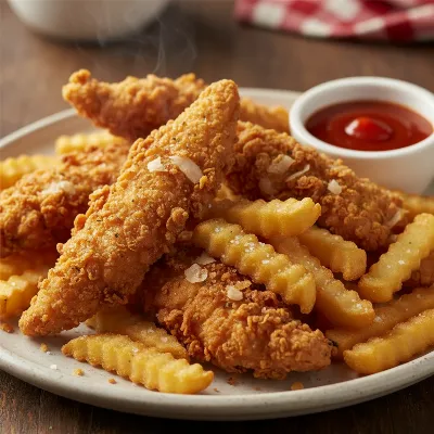 Golden fried chicken tenders and crispy French fries cooked in a deep fryer