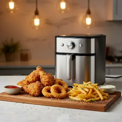 A sleek deep fryer on a modern kitchen counter, with various fried foods like chicken and onion rings arranged neatly around it.