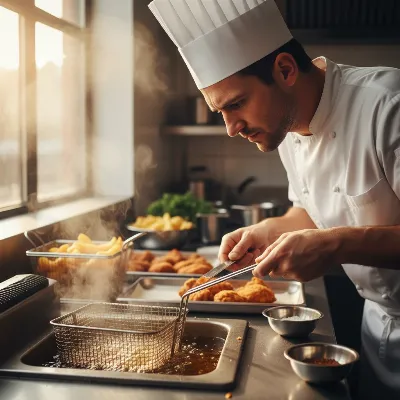 Chef examining oil in a deep fryer, considering food type and temperature
