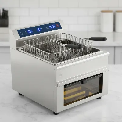 An extra large deep fryer with an oil filtration system and multiple baskets in a clean kitchen