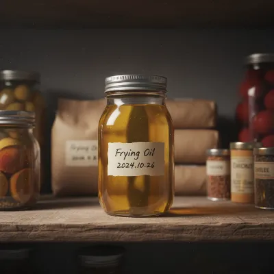 A labeled, airtight glass jar filled with filtered golden deep fryer oil, stored in a cool, dark pantry shelf.