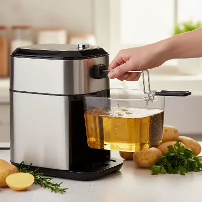 A modern deep fryer with a clear, removable oil tank being lifted for cleaning, surrounded by kitchen utensils and fresh ingredients.