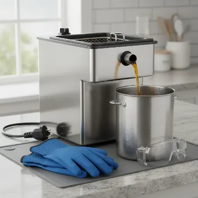 A deep fryer unplugged and cooling, with oil being safely drained into a container.