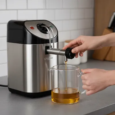 Person demonstrating the EasyClean oil drain system of a DeLonghi Deep Fryer in a clean kitchen setting