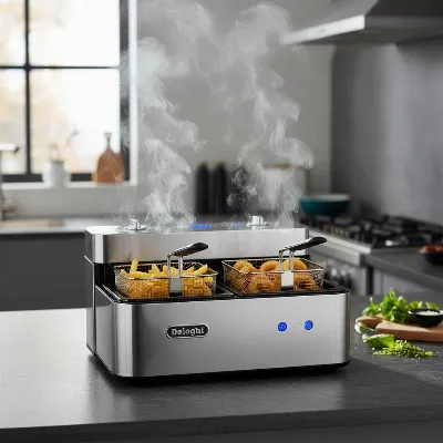 DeLonghi Dual Zone Deep Fryer on a modern kitchen counter, preparing food with steam rising