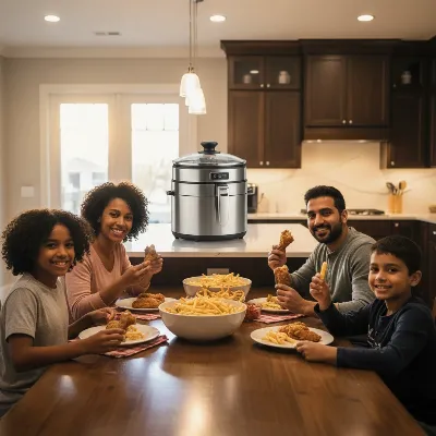 A family enjoying freshly fried food from a large deep fryer in a modern kitchen