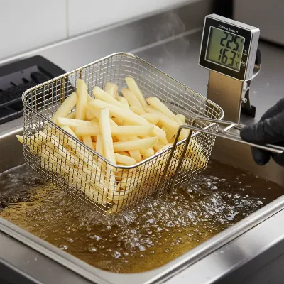 Deep fryer with thermometer at 325°F, lifting pale par-cooked fries