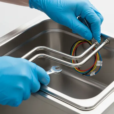 Hands carefully installing a new tubular heating element into a deep fryer vat, securing wires and nuts.