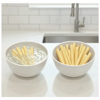Uniformly cut Russet potato sticks soaking in water, next to dried sticks