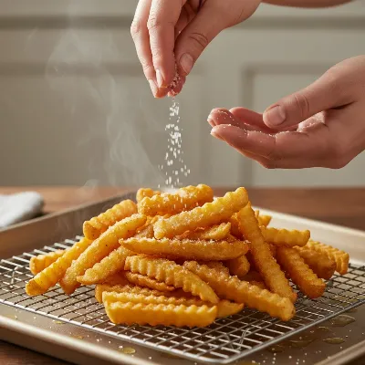 Hands sprinkling sea salt on hot, golden French fries