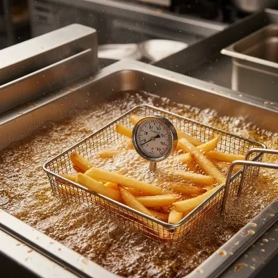 Deep fryer at 375°F with basket of golden fries for final crisping