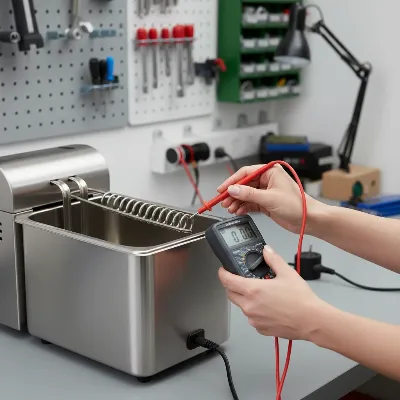 Technician testing deep fryer heating element with a multimeter for continuity